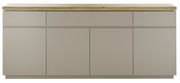 Frontansicht eines modernen XL-Sideboards mit glatten, beigen Türen und einer Holzplatte.
