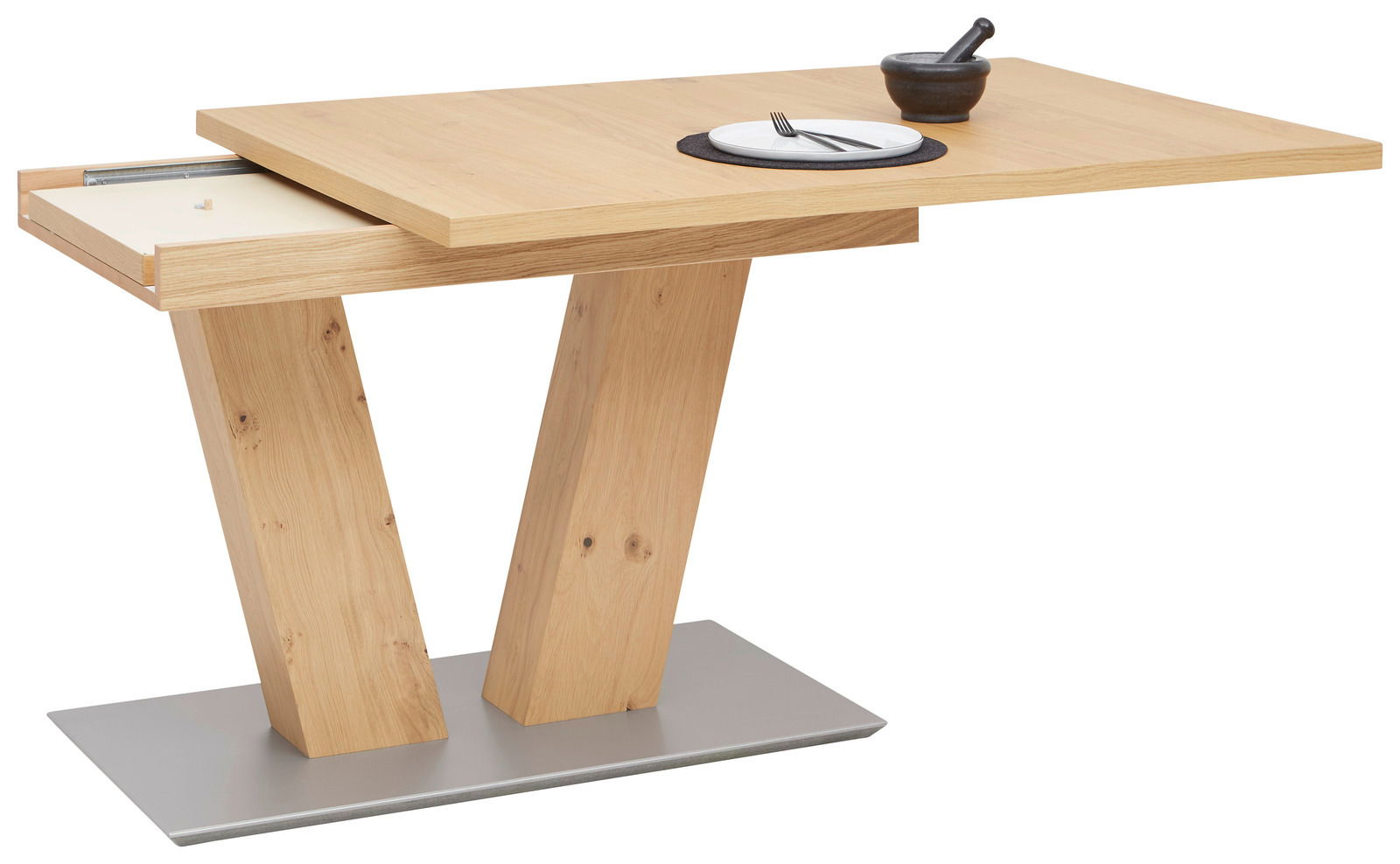 Moderner Esstisch aus Holz mit V-förmigen Beinen und einer Schublade, seitliche Perspektive