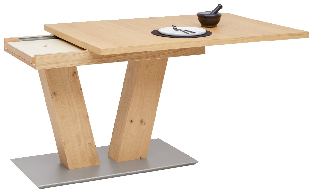 Moderner Esstisch aus Holz mit V-förmigen Beinen und einer Schublade, seitliche Perspektive