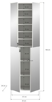 Frontale Ansicht eines hohen, weißen Schranks mit mehreren offenen Fächern und Türen, ideal für die Garderobe. Maße: 193 cm hoch, 61 cm breit, 34 cm tief.