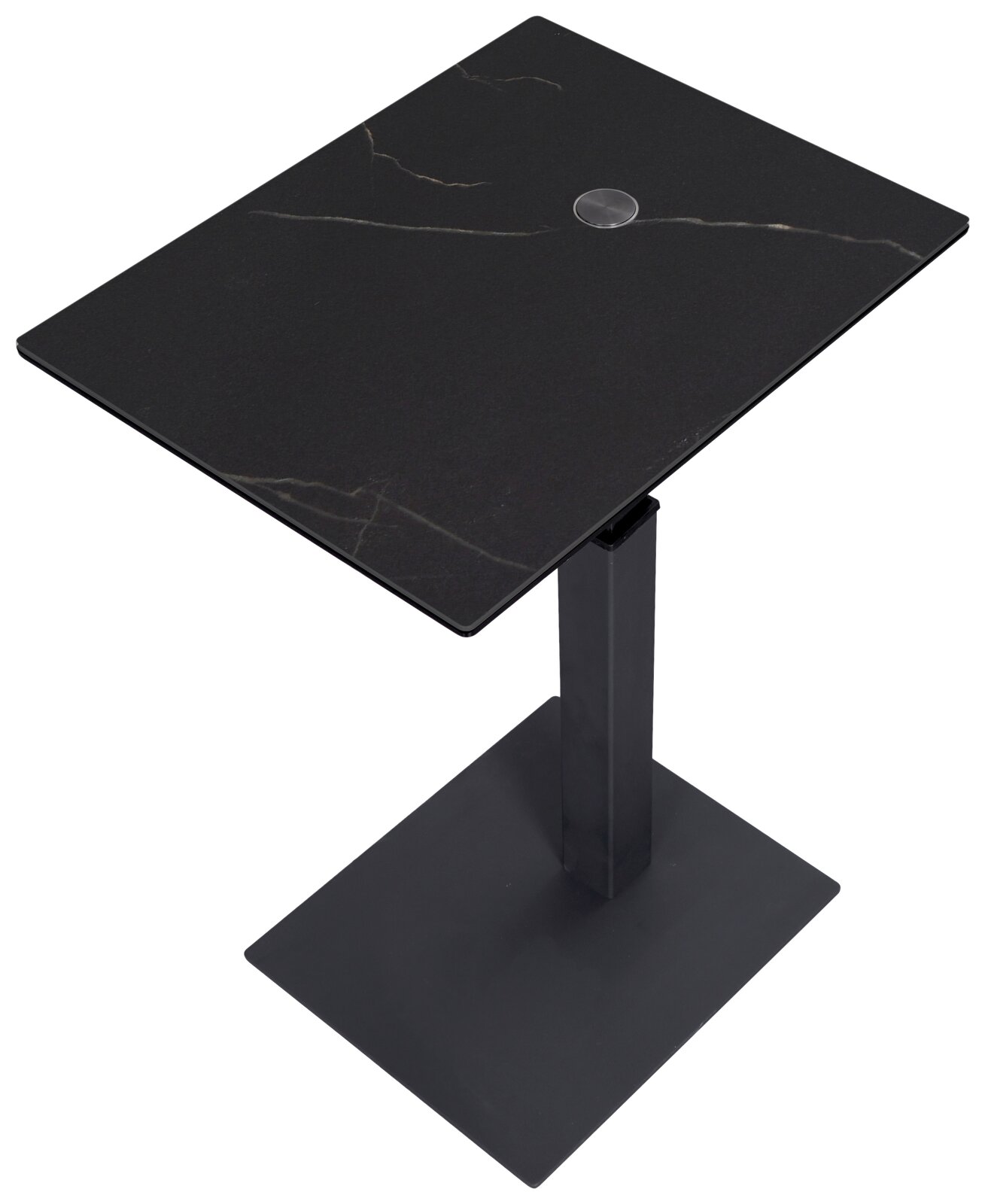 Moderner Beistelltisch mit schwarzer quadratischer Tischplatte und stabilem Standfuß, Ansicht von schräg oben.