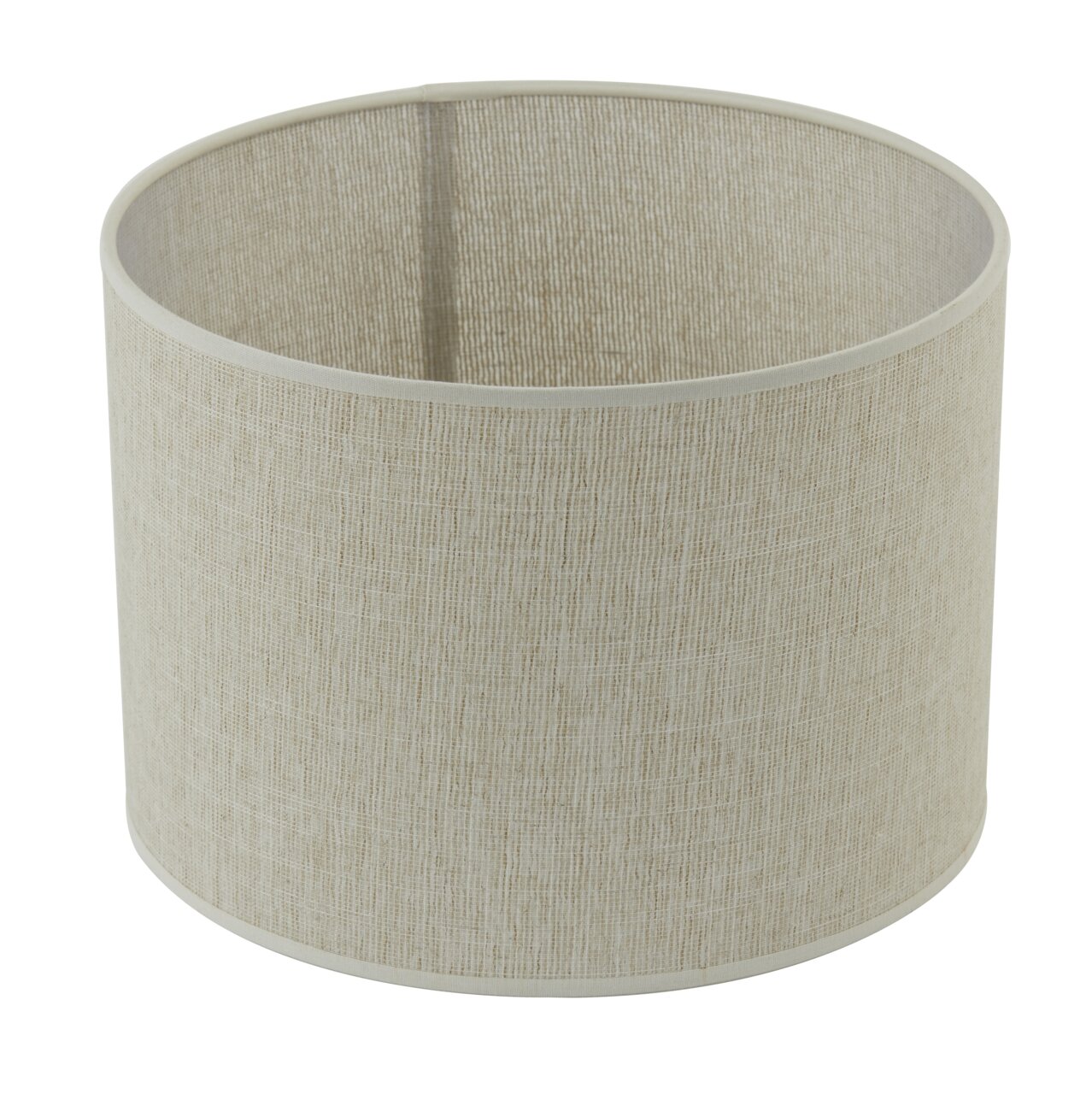 Zylindrischer Lampenschirm aus beigem Stoff, seitliche Perspektive