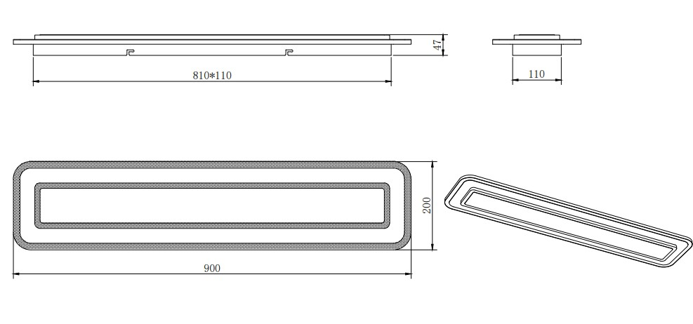 Technische Zeichnung einer rechteckigen LED-Deckenleuchte mit den Maßen 900x200 mm, Seitenansicht und Draufsicht.