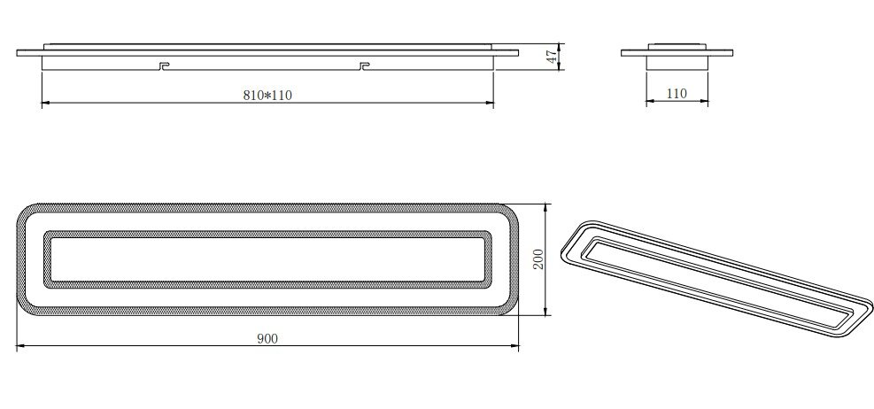 Technische tekening van een rechthoekige led-plafondlamp met de afmetingen 900 x 200 mm, zijaanzicht en bovenaanzicht.