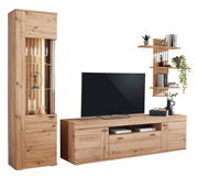 Wandkombination aus Holz mit Vitrine, TV-Schrank und Wandregal, frontal betrachtet.