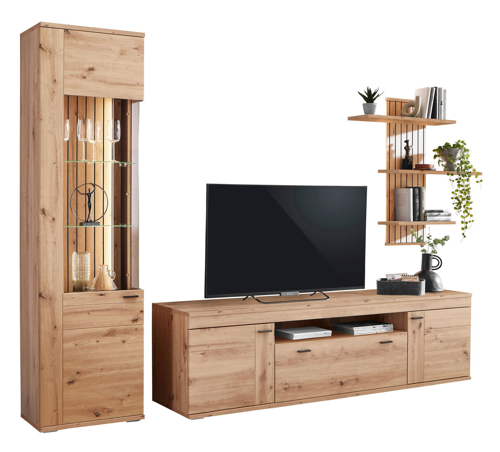 Wandkombination aus Holz mit Vitrine, TV-Schrank und Wandregal, frontal betrachtet.