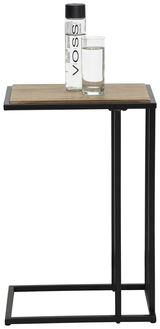 Moderner Beistelltisch mit schwarzem Metallrahmen und Holzplatte, seitliche Perspektive, mit einer Wasserflasche und einem Glas darauf.