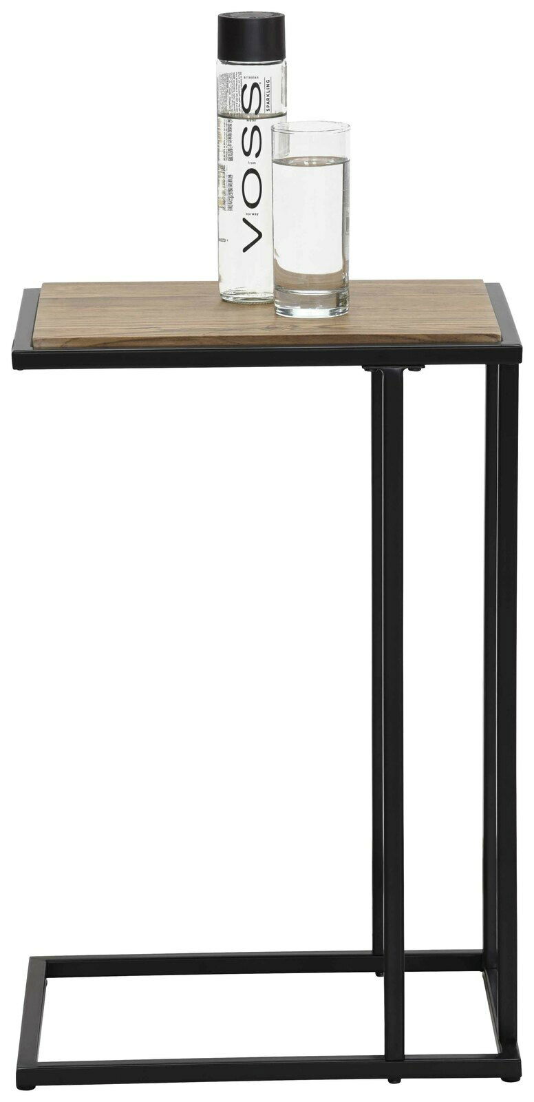 Moderner Beistelltisch mit schwarzem Metallrahmen und Holzplatte, seitliche Perspektive, mit einer Wasserflasche und einem Glas darauf.