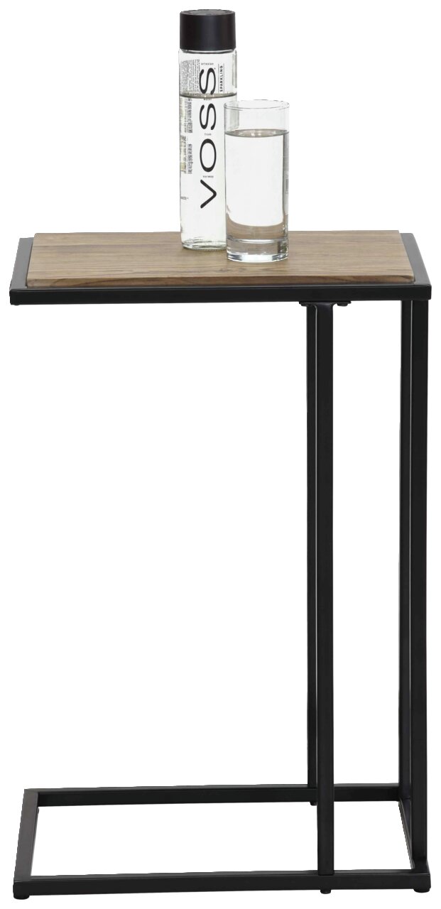 Moderner Beistelltisch mit schwarzem Metallrahmen und Holzplatte, seitliche Perspektive, mit einer Wasserflasche und einem Glas darauf.