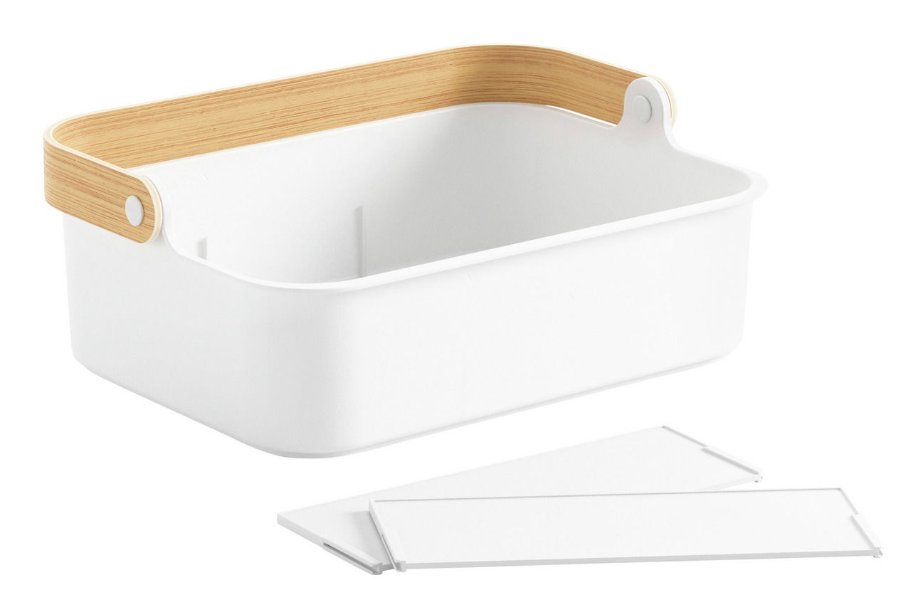 Weiße Aufbewahrungsbox mit natürlichem Holzgriff, seitliche Perspektive