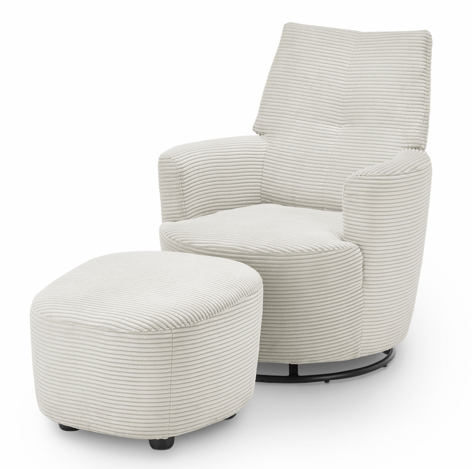 Beiger Sessel mit Hocker aus geripptem Stoff, seitliche Perspektive