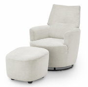 Beiger Sessel mit Hocker aus geripptem Stoff, seitliche Perspektive