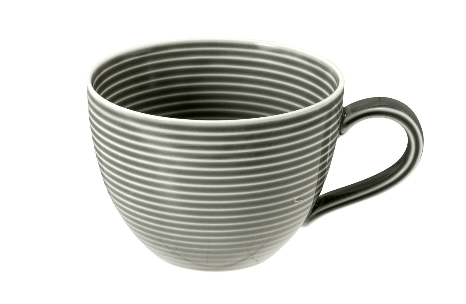 Graue Kaffeetasse mit Reliefstreifen, seitliche Perspektive