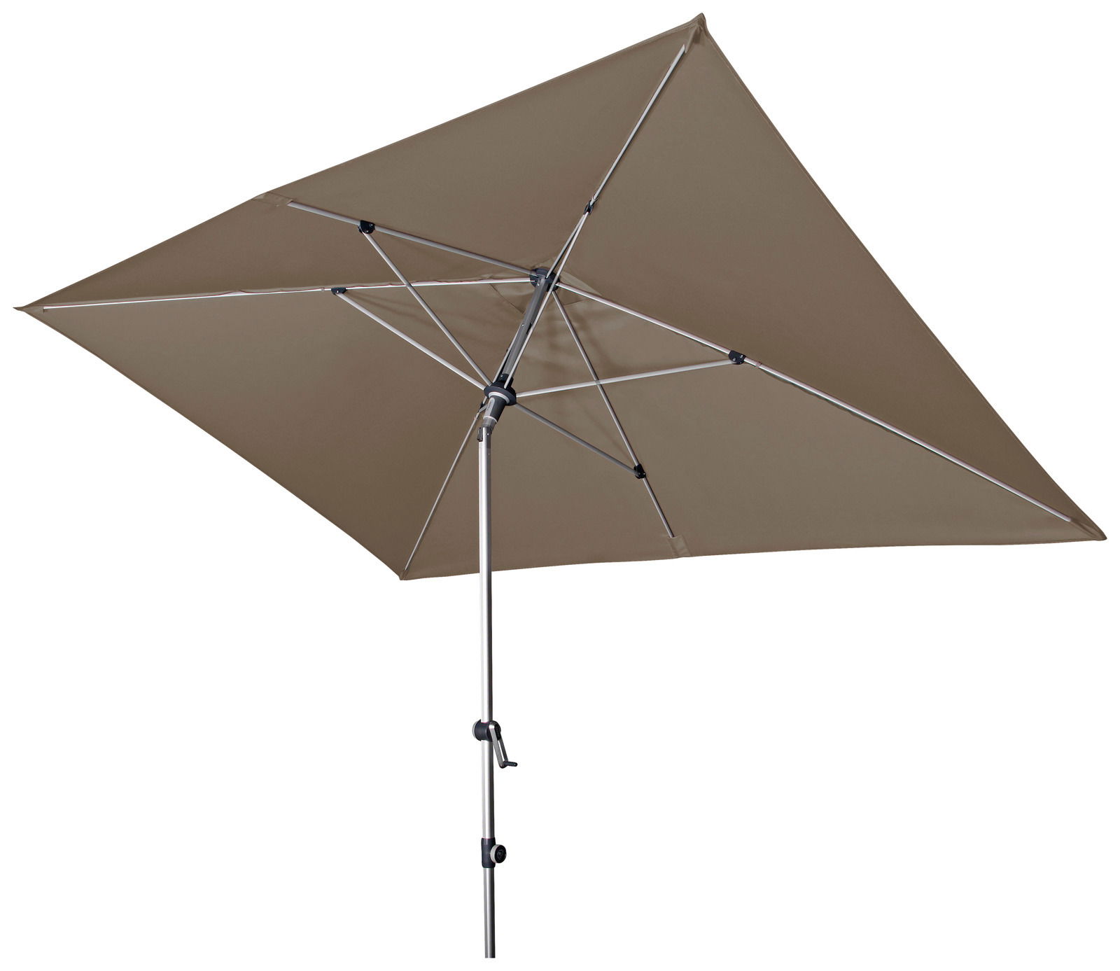 Brauner rechteckiger Kurbelschirm mit Metallgestell, seitliche Perspektive