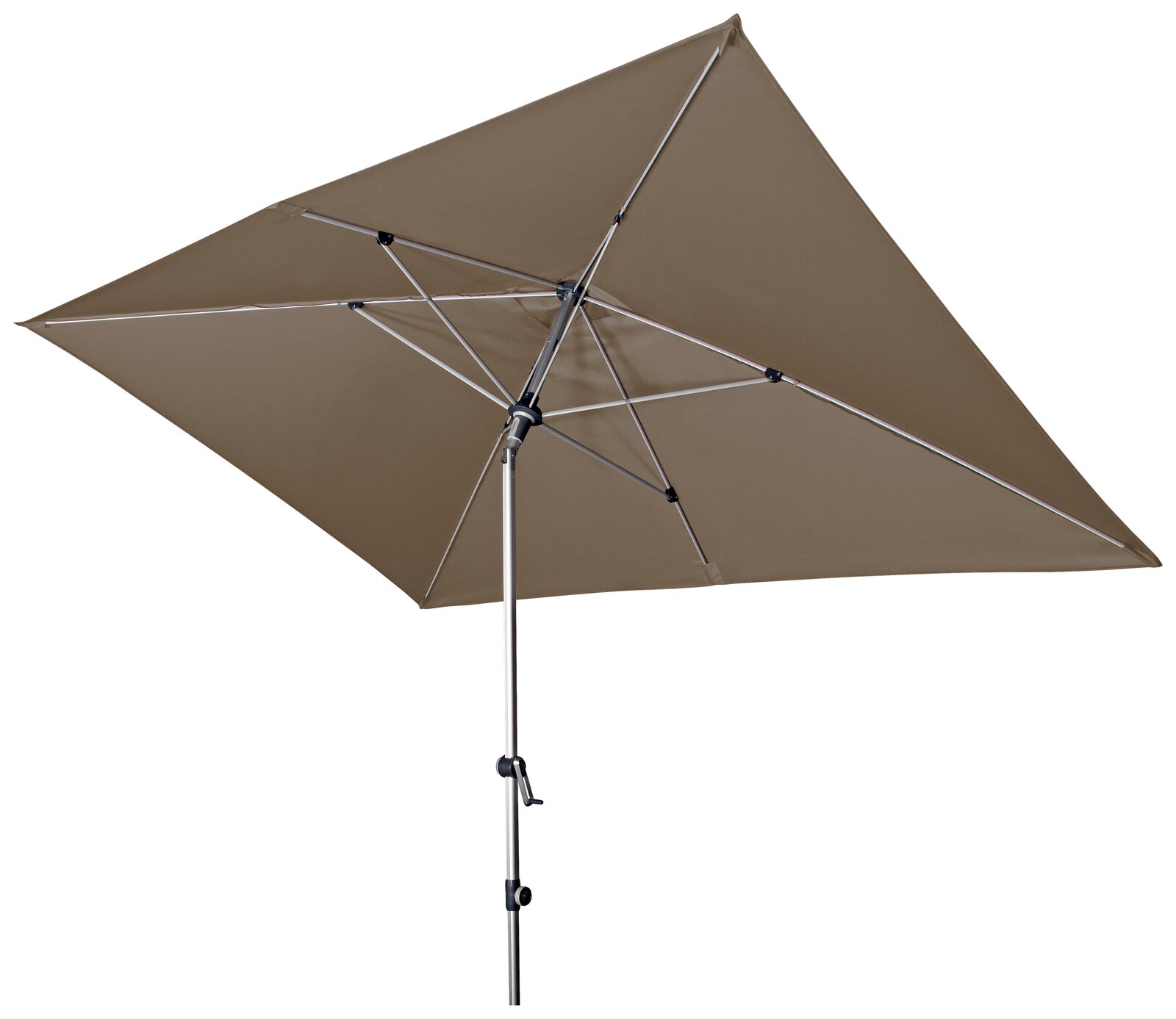 Brauner rechteckiger Kurbelschirm mit Metallgestell, seitliche Perspektive