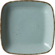 Vogelperspektive auf einen quadratischen, blauen Suppenteller mit gesprenkeltem Design und rustikalem Rand.