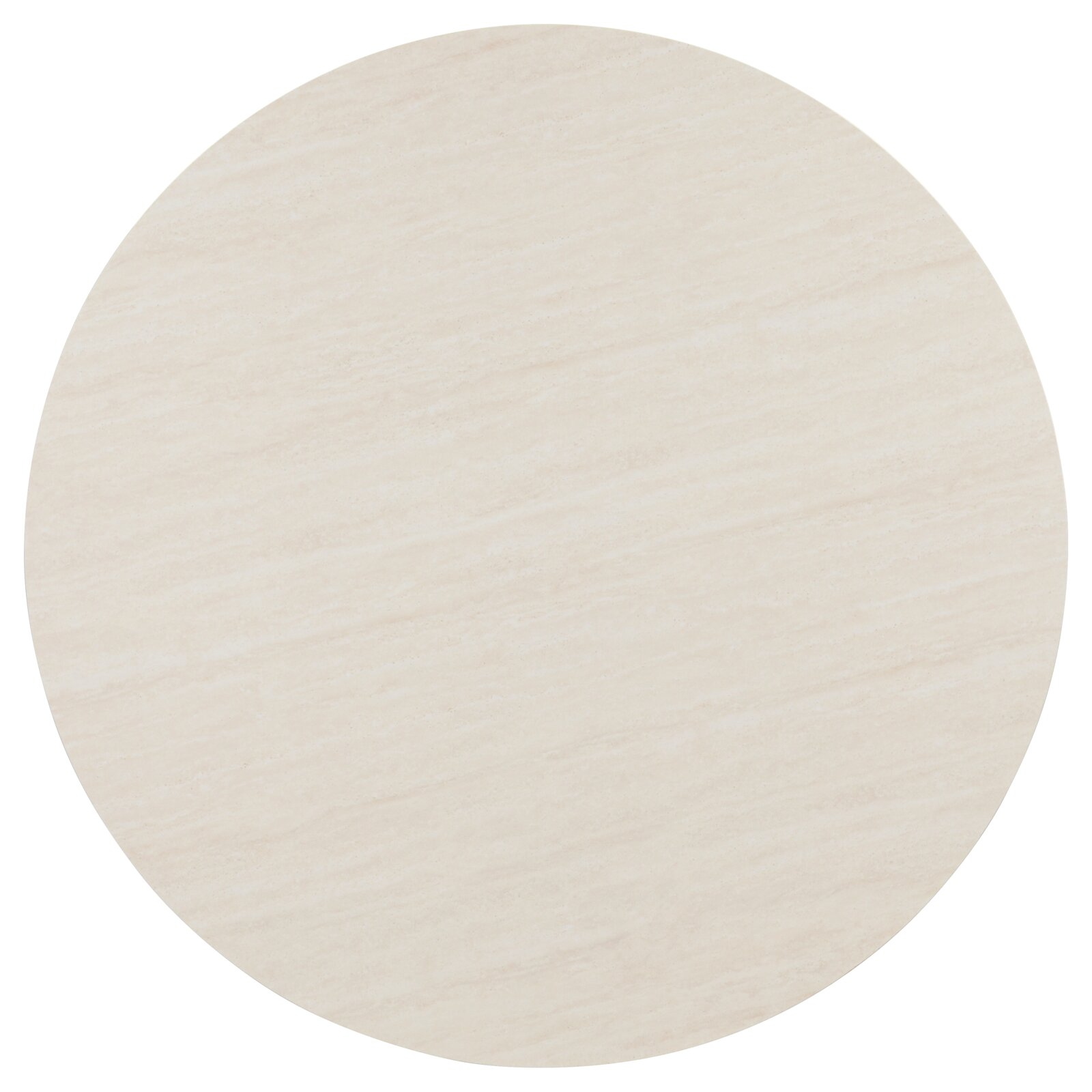 Runde Tischplatte in hellem Beige mit dezenter marmorierter Maserung, Draufsicht von oben auf weißem Hintergrund