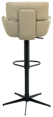 Achterkant van een beige barkruk met een zwart metalen frame en voetsteun