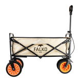 Elektrischer Bollerwagen Falko von der Seite mit orangefarbenen Rädern und schwarzem Rahmen.