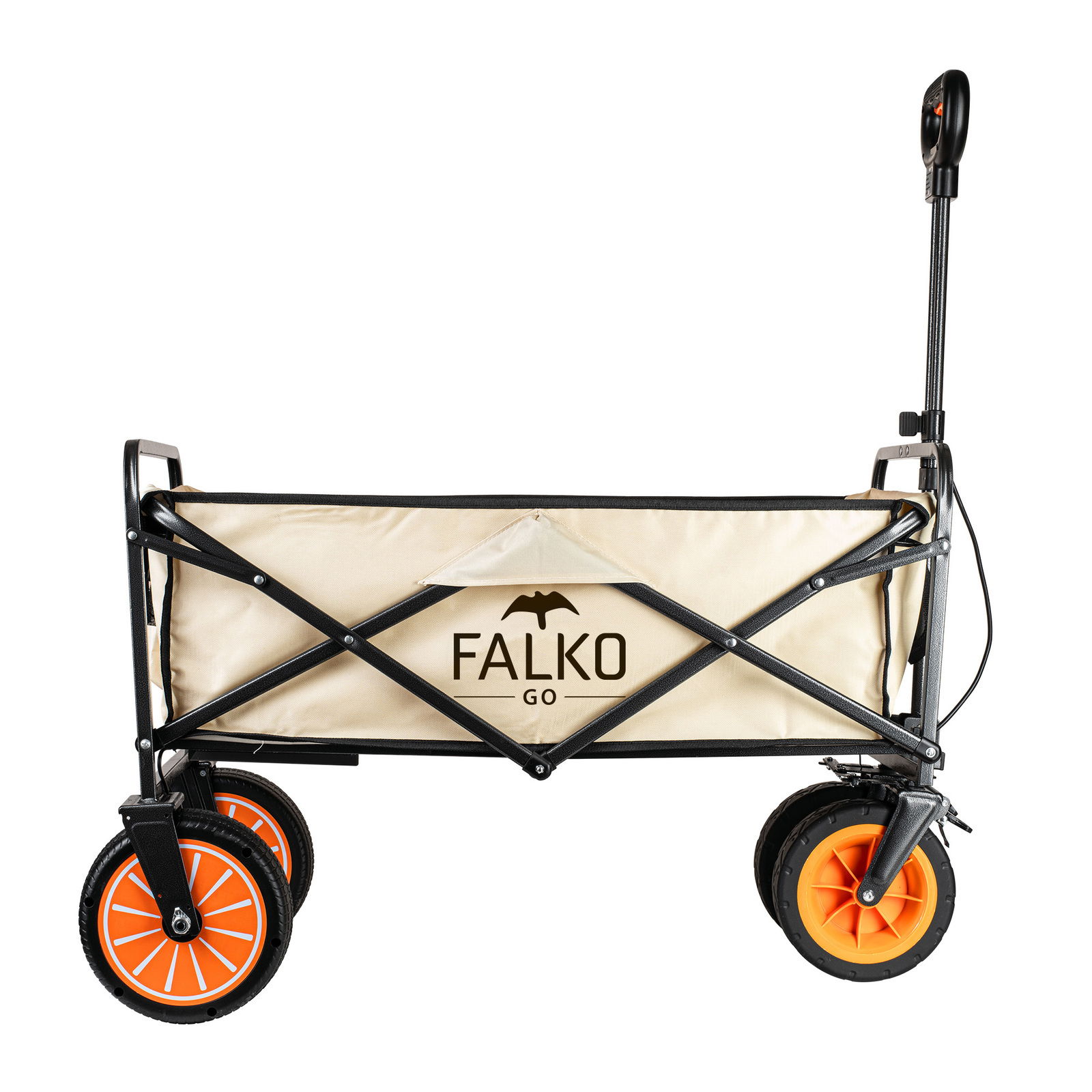 Elektrischer Bollerwagen Falko von der Seite mit orangefarbenen Rädern und schwarzem Rahmen.