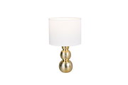 Elegante Tischleuchte mit weißem Lampenschirm und goldenem, strukturiertem Sockel, frontal abgebildet.
