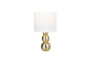 Elegante Tischleuchte mit weißem Lampenschirm und goldenem, strukturiertem Sockel, frontal abgebildet.