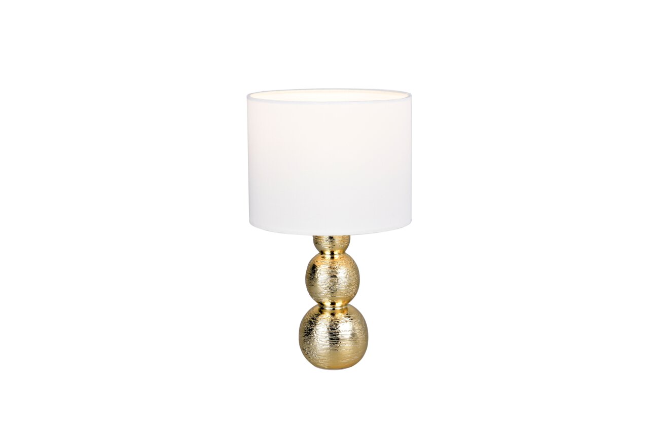 Elegante Tischleuchte mit weißem Lampenschirm und goldenem, strukturiertem Sockel, frontal abgebildet.