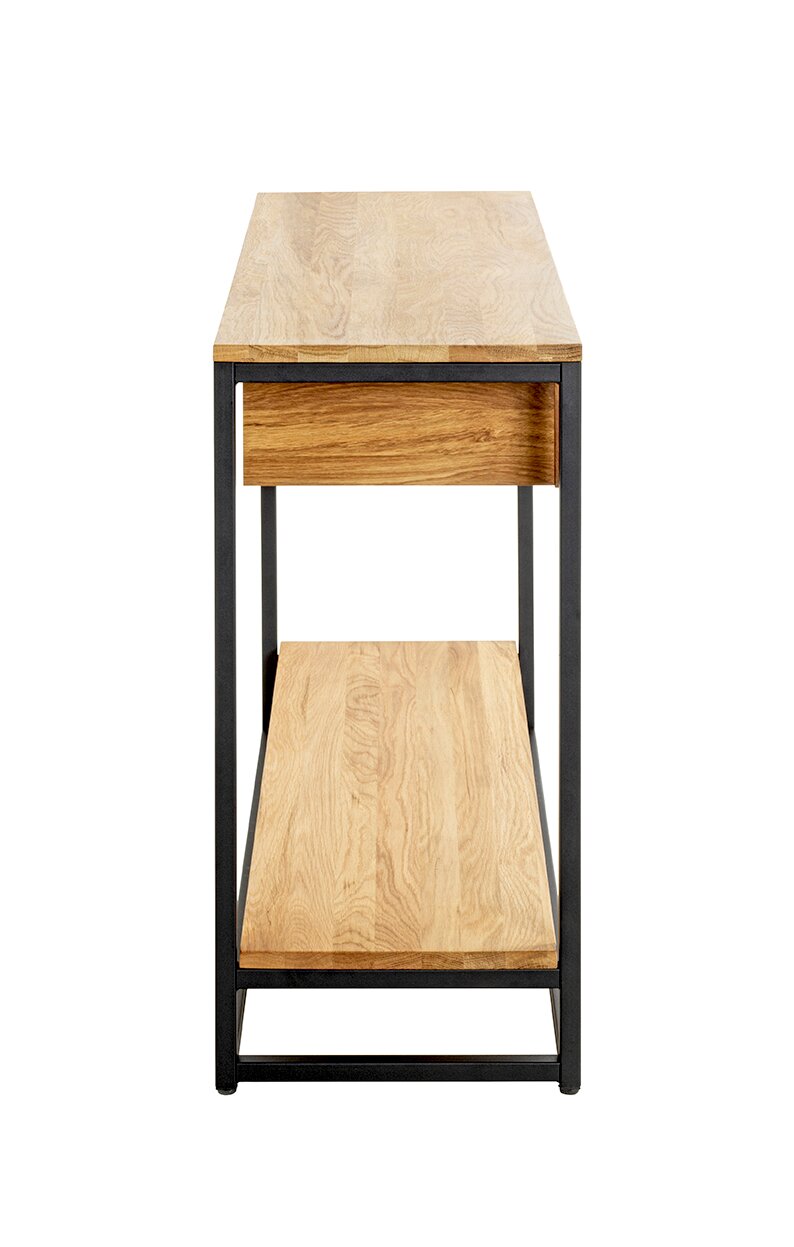 Schmaler Konsolentisch/Beistelltisch aus hellem Holz mit schwarzem Metallgestell, mit Schublade und unterer Ablage, freigestellt auf weißem Hintergrund, Frontansicht leicht von oben.