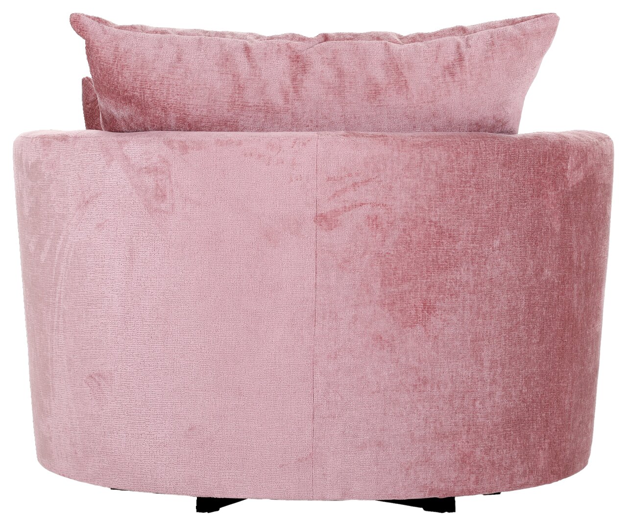 Rückansicht eines rosa Sessels mit weichem Stoffbezug und Kissen.