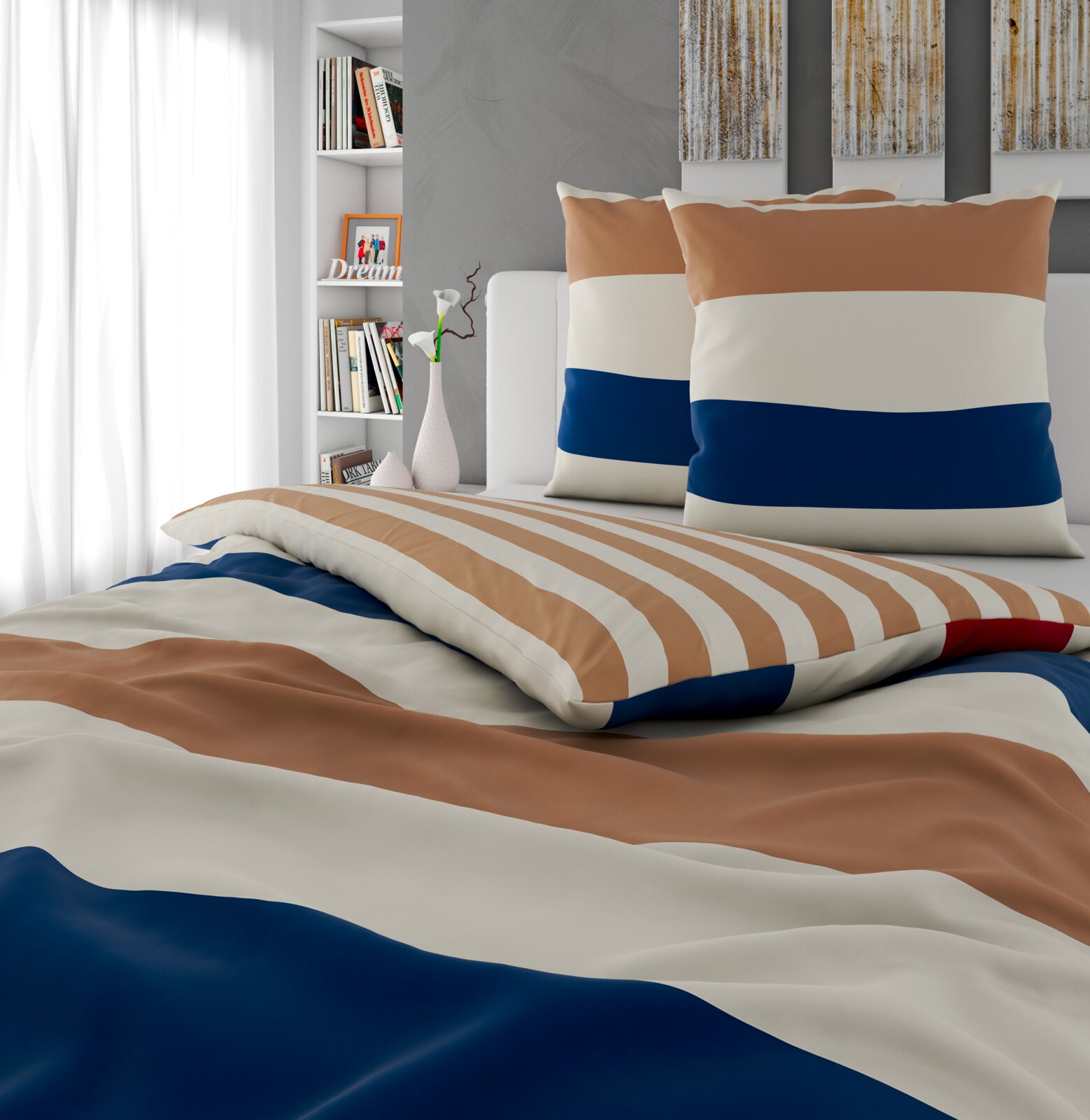 Omkeerbaar beddengoed van 200 x 200 cm met brede strepen in blauw, bruin en wit, op een bed in een moderne slaapkamer, gezien vanaf de zijkant.