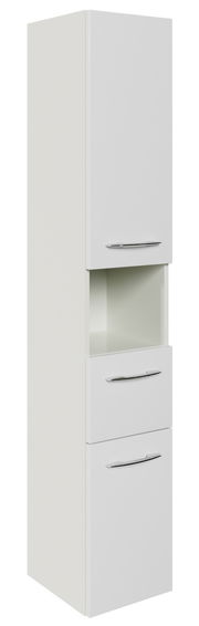 Weißer Hochschrank mit drei Türen und einem offenen Fach, seitliche Perspektive