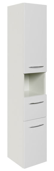 Weißer Hochschrank mit drei Türen und einem offenen Fach, seitliche Perspektive