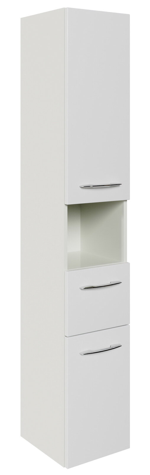 Weißer Hochschrank mit drei Türen und einem offenen Fach, seitliche Perspektive