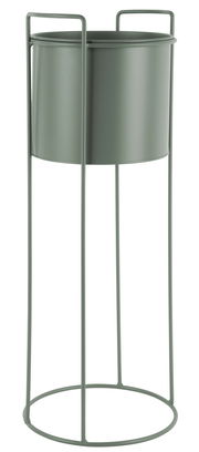 Hohes, modernes Pflanzgefäß aus Metall in zylindrischer Form mit einem minimalistischen Gestell, seitliche Perspektive.