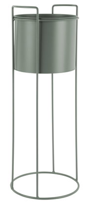 Hohes, modernes Pflanzgefäß aus Metall in zylindrischer Form mit einem minimalistischen Gestell, seitliche Perspektive.