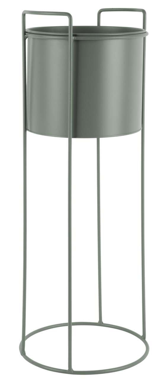 Hohes, modernes Pflanzgefäß aus Metall in zylindrischer Form mit einem minimalistischen Gestell, seitliche Perspektive.
