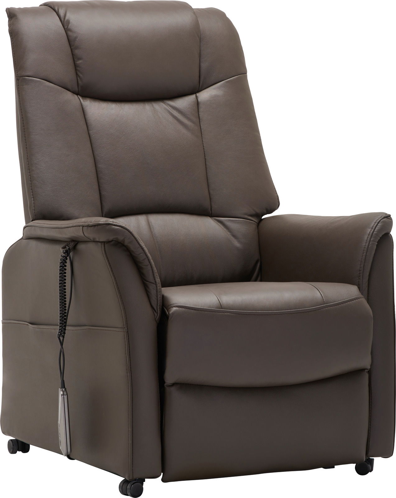 Bequemer brauner Fernsehsessel mit hoher Rückenlehne und integrierter Fernbedienung, seitliche Perspektive