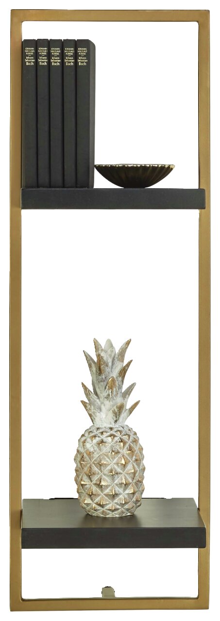 Wandregal mit goldfarbenem Rahmen, zwei schwarzen Regalböden, dekoriert mit schwarzen Büchern, einer Schale und einer goldenen Ananas, Frontalansicht.