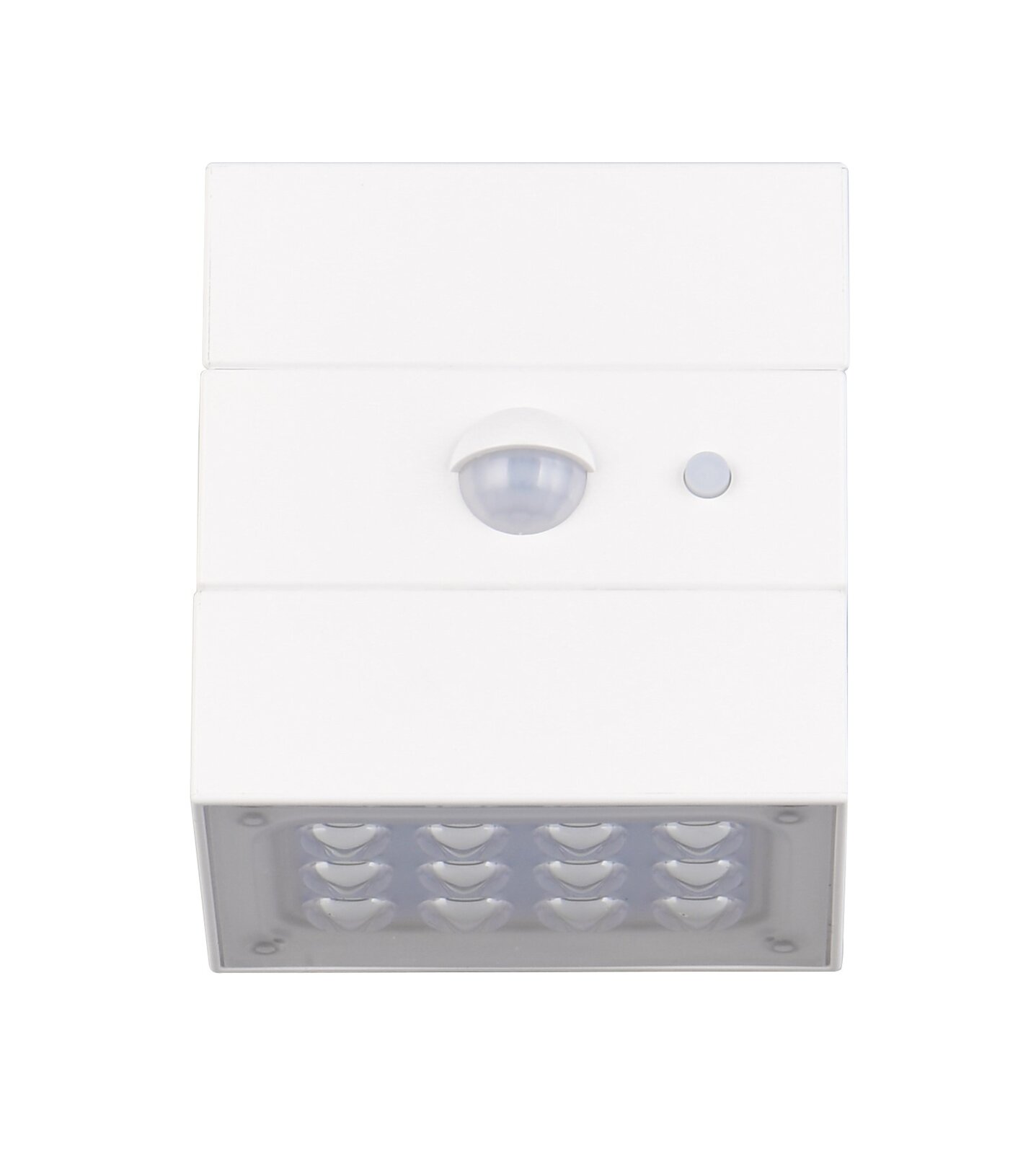 LED-buitenwandlamp op zonne-energie, gezien van voren, met bewegingsmelder en zonnepaneel