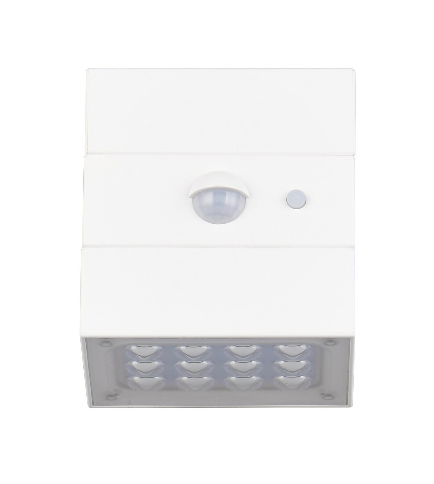 LED-Solar-Außenwandleuchte in Frontalansicht mit Bewegungsmelder und Solarpanel