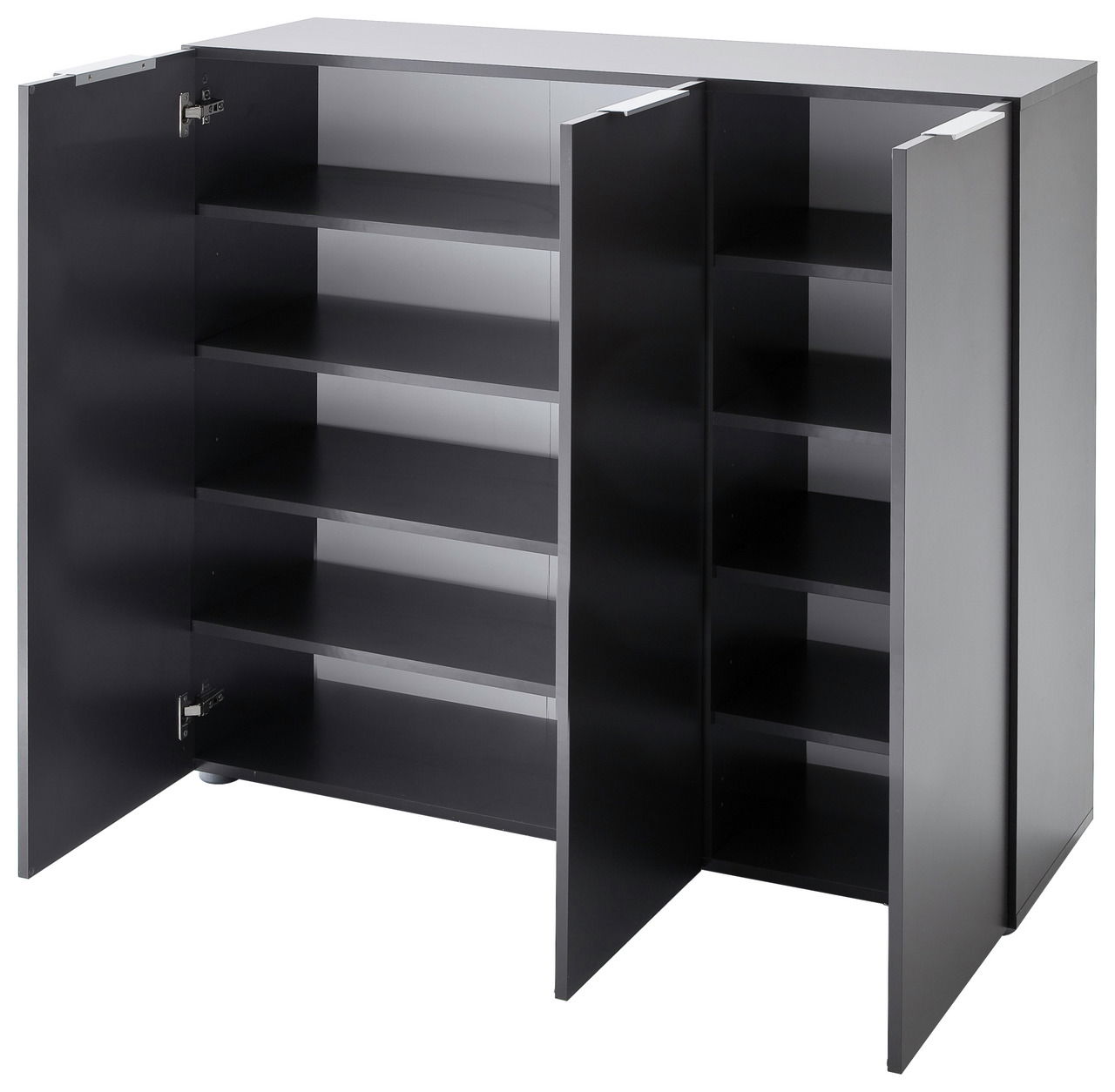 Schwarzer XL-Schuhschrank mit offenen Türen, seitliche Perspektive