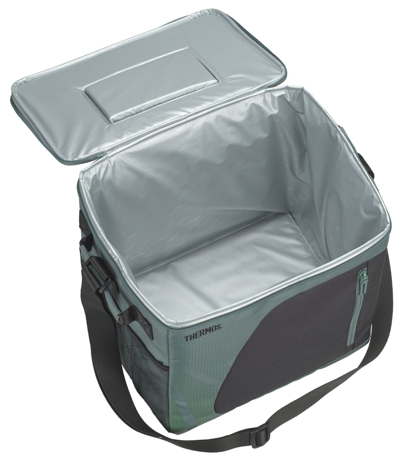 Geöffnete Thermos Kühltasche in Grau und Grün mit silberner Isolierauskleidung, Reißverschlussfächern und Schultergurt, aus schräger Vogelperspektive