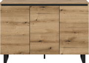 Frontale Ansicht eines modernen Sideboards aus Holz mit drei Türen und schwarzen Beinen.