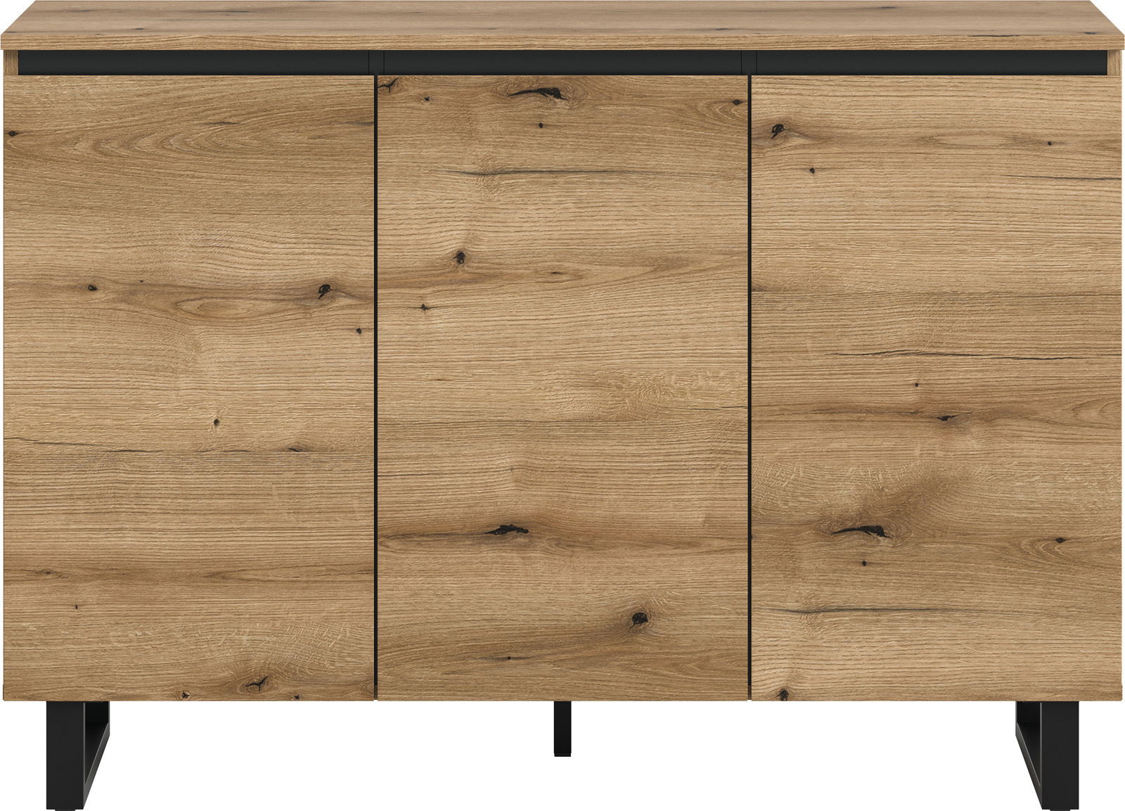 Frontale Ansicht eines modernen Sideboards aus Holz mit drei Türen und schwarzen Beinen.