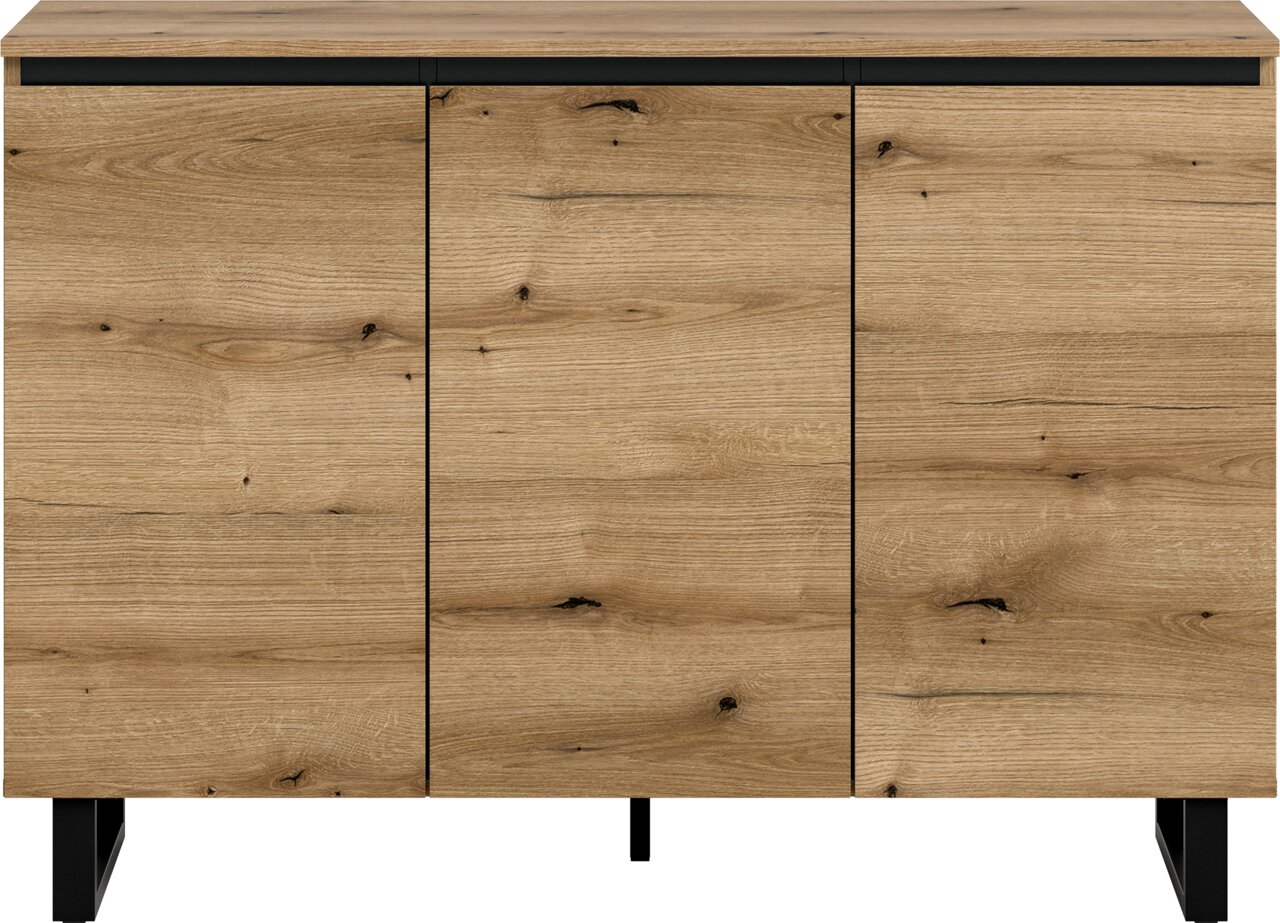 Frontale Ansicht eines modernen Sideboards aus Holz mit drei Türen und schwarzen Beinen.