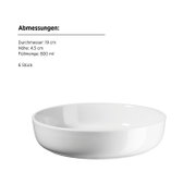 Weiße, runde Keramikschale (Ø 19 cm, Höhe 4,5 cm, 800 ml) vor hellem Hintergrund, perspektivische Ansicht leicht von oben mit sichtbarem Innenraum.