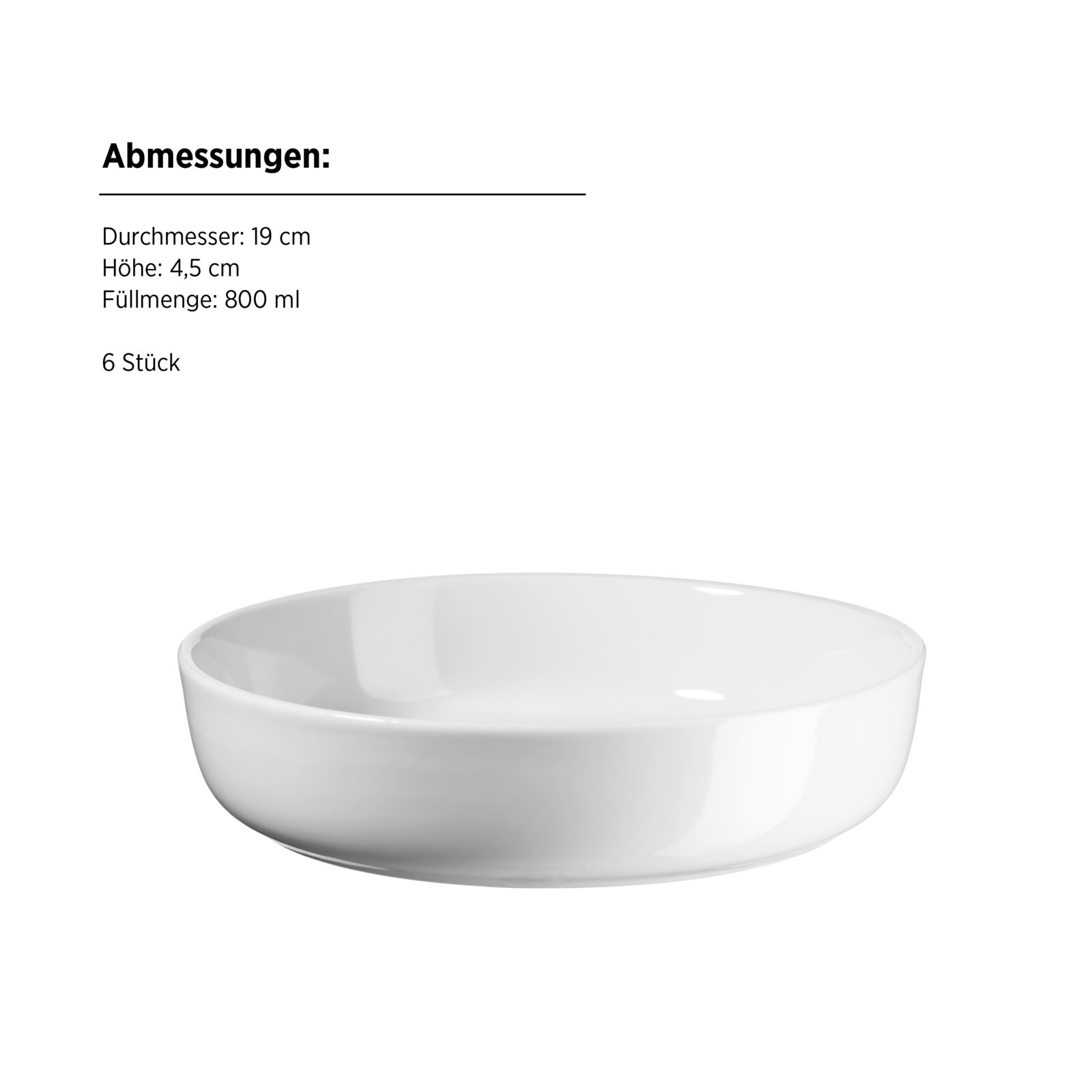 Weiße, runde Keramikschale (Ø 19 cm, Höhe 4,5 cm, 800 ml) vor hellem Hintergrund, perspektivische Ansicht leicht von oben mit sichtbarem Innenraum.