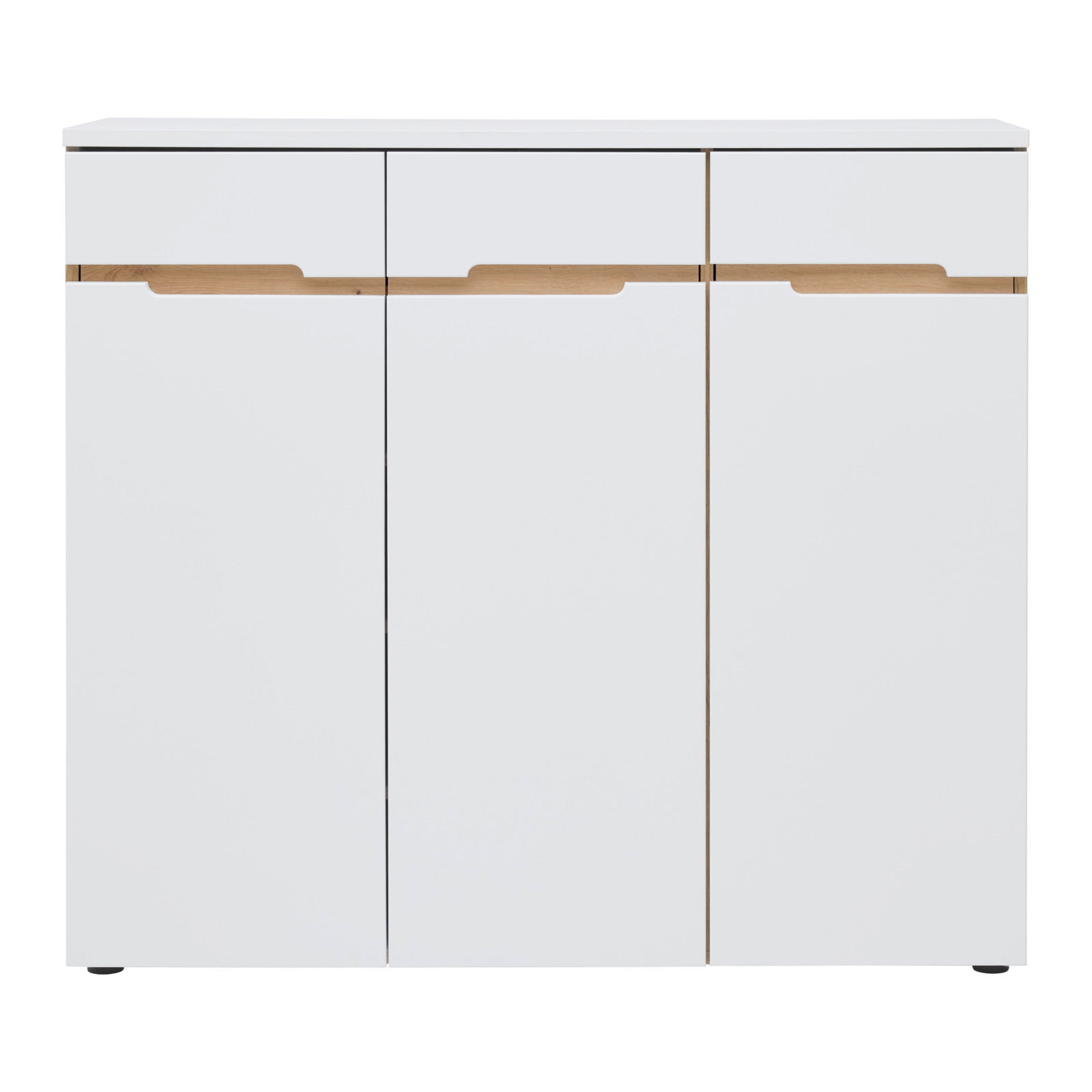 Weiße Kommode mit drei Türen und Holzgriffdetails, frontale Ansicht