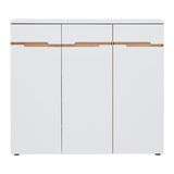 Weiße Kommode mit drei Türen und Holzgriffdetails, frontale Ansicht