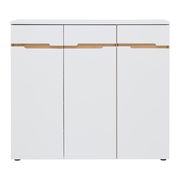 Weiße Kommode mit drei Türen und Holzgriffdetails, frontale Ansicht